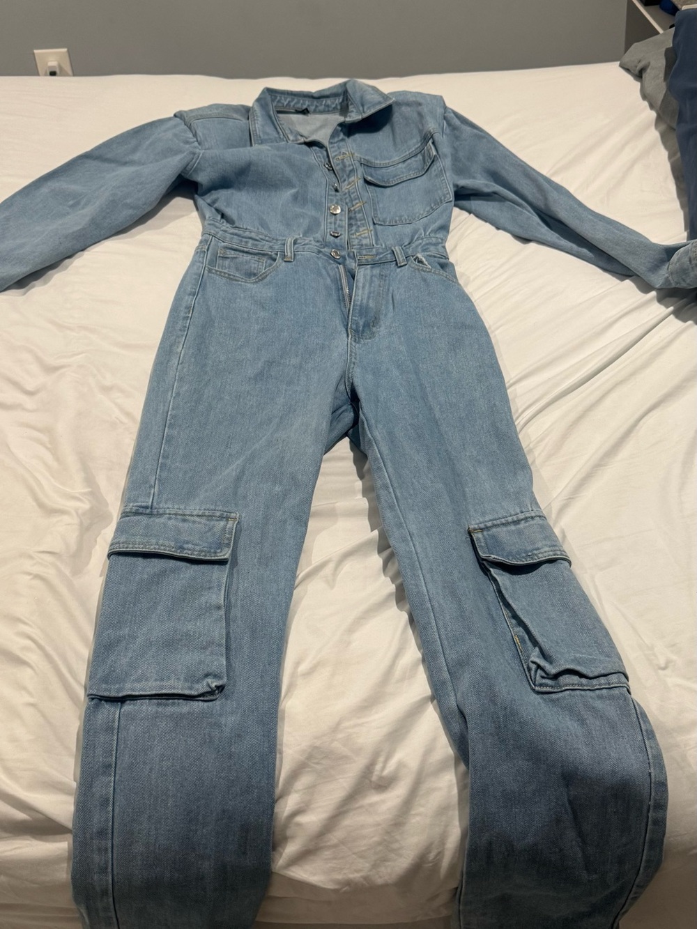 PrettyLittleThing Light Blue Denim Cargo Jumpsuit
